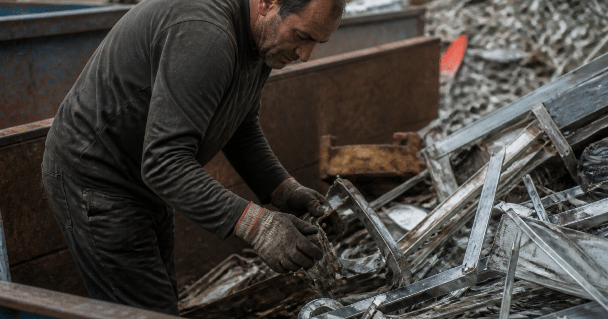 Ouvrier triant métaux recyclés dans conteneur industriel
