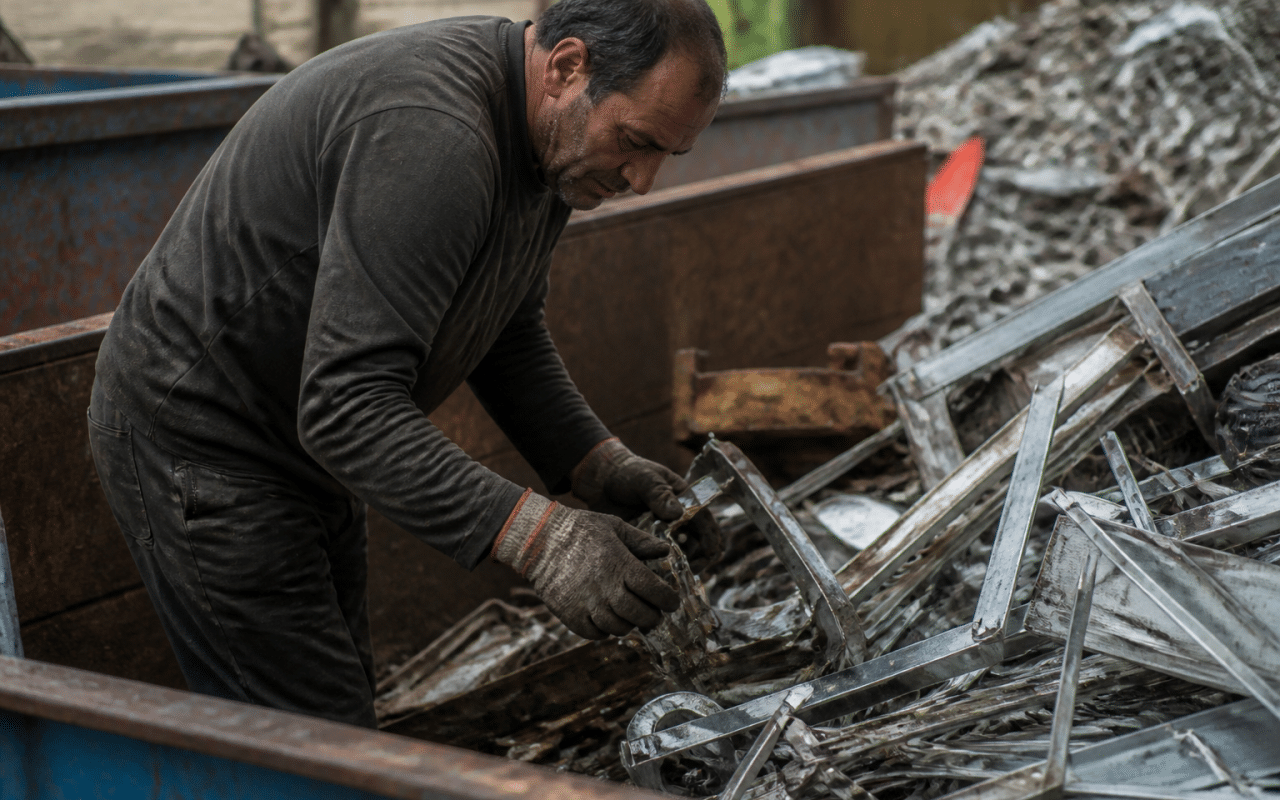 Ouvrier triant métaux recyclés dans conteneur industriel