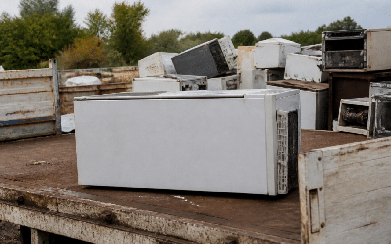 Refrigerateur pose horizontalement sur plateau collecte dechets