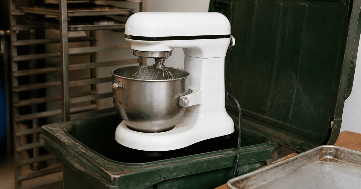 Robot patissier pose sur bac recyclage ouvert