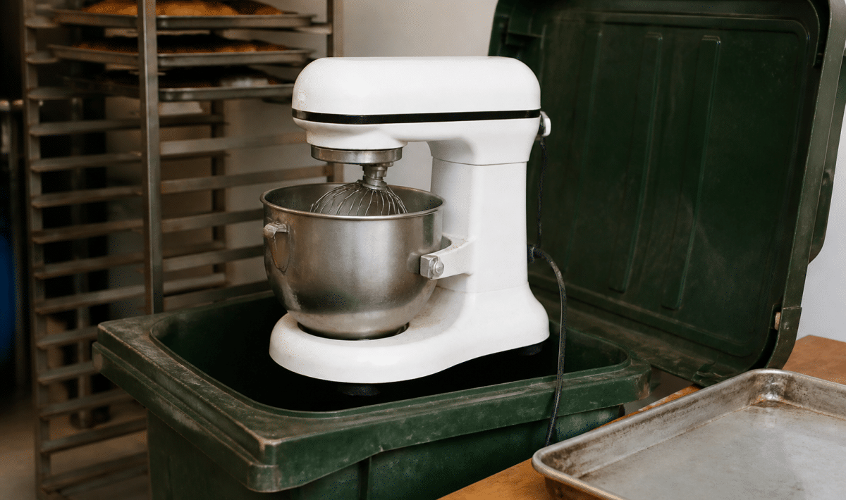 Robot patissier pose sur bac recyclage ouvert