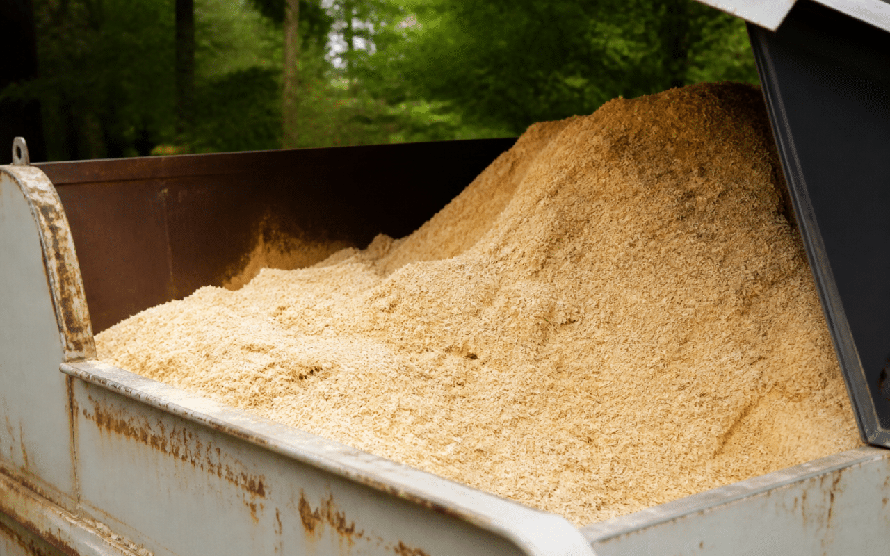 Tas de sciure de bois empile dans un conteneur ouvert