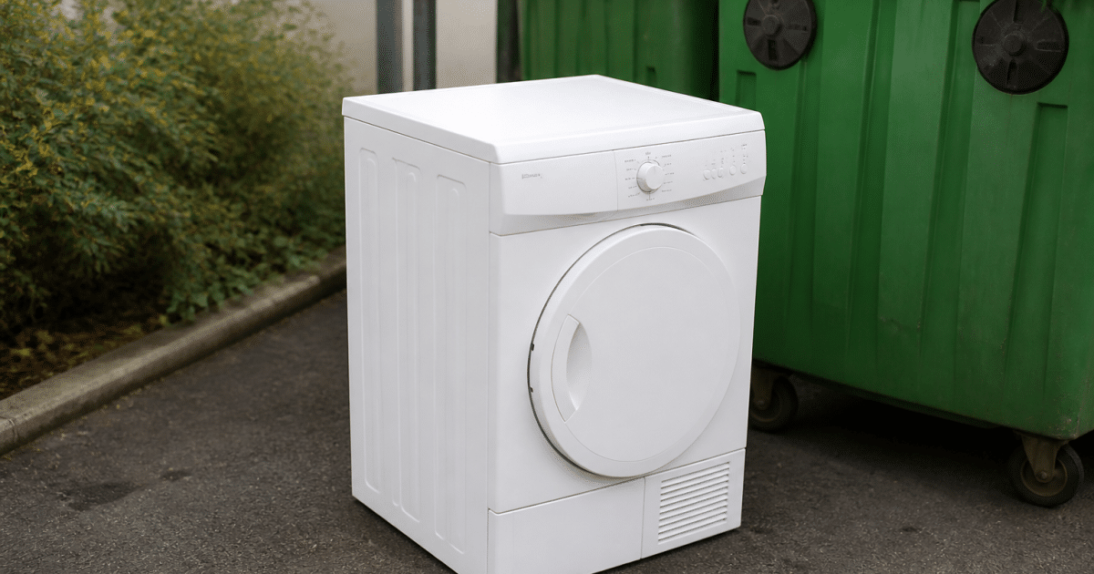 Seche-linge blanc pose sur sol gris pres benne recyclage
