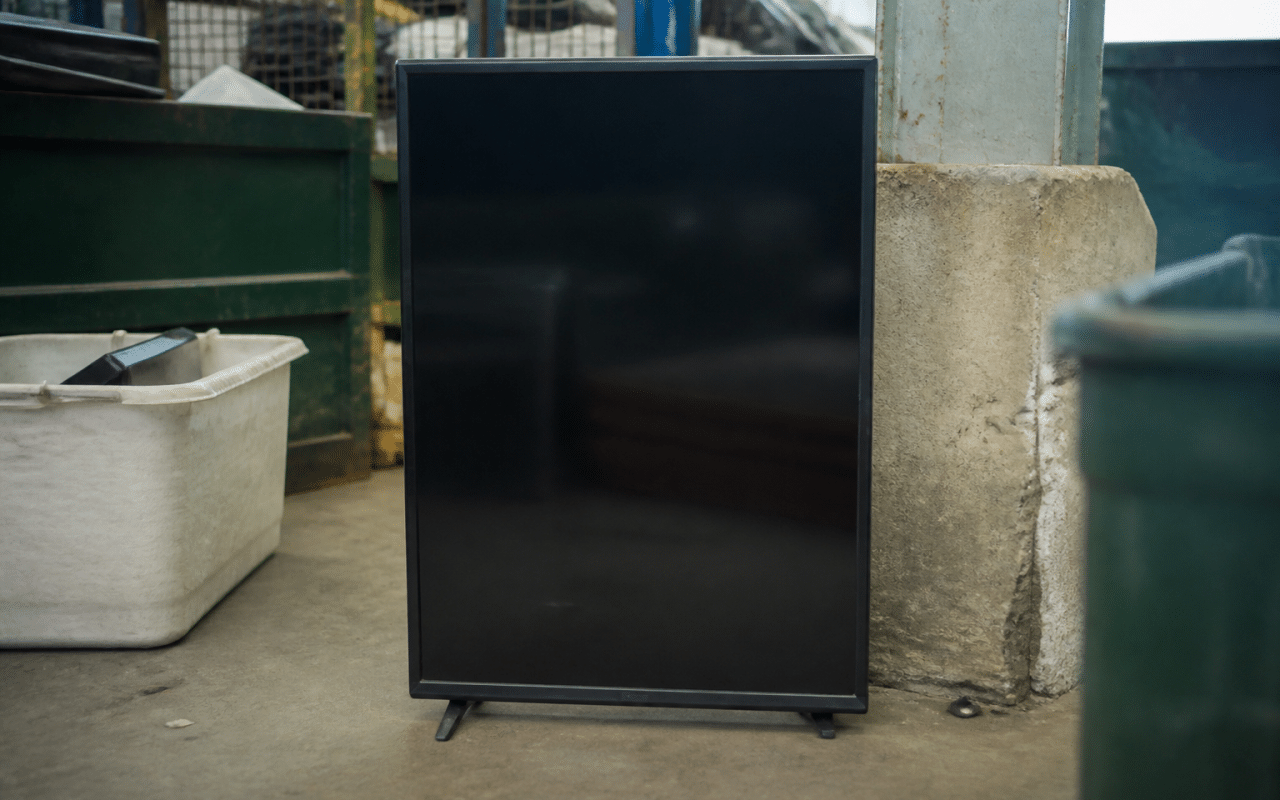 Televiseur pose verticalement dans centre recyclage municipal