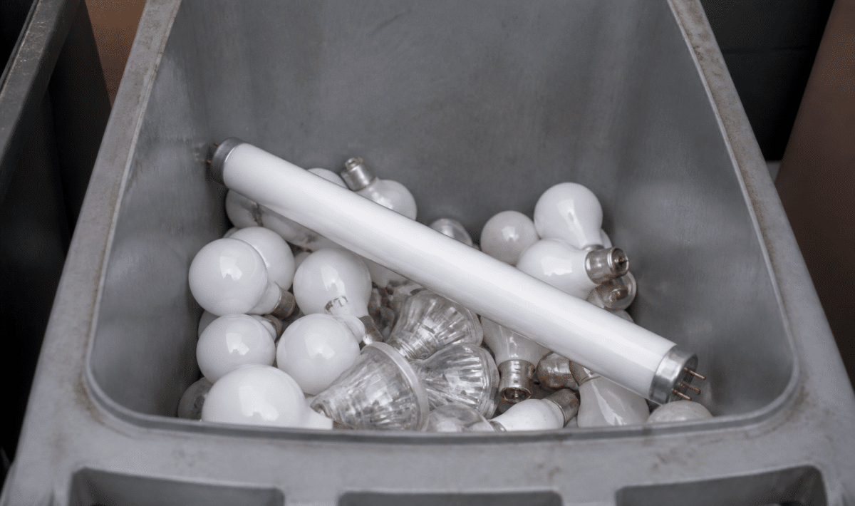 Tube fluorescent allonge dans bac recyclage specialise
