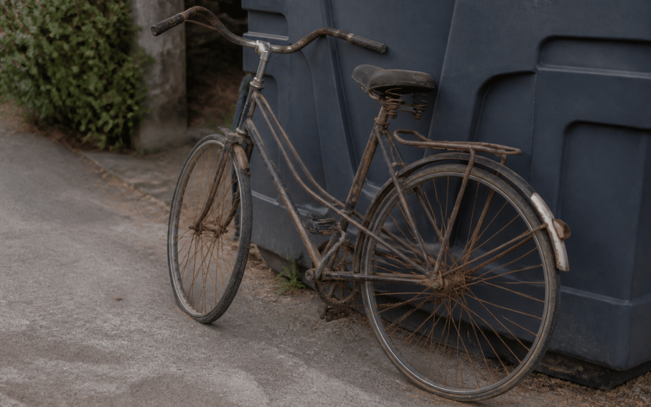 Vieux velo rouille appuye contre conteneur de recyclage exterieur
