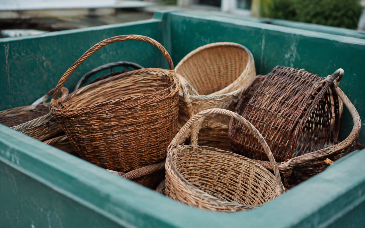 Baskets usees posees dans un conteneur de recyclage