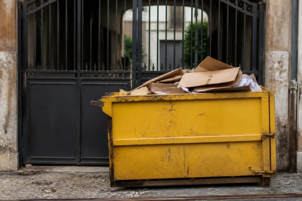 Benne jaune remplie de cartons devant un portail metallique