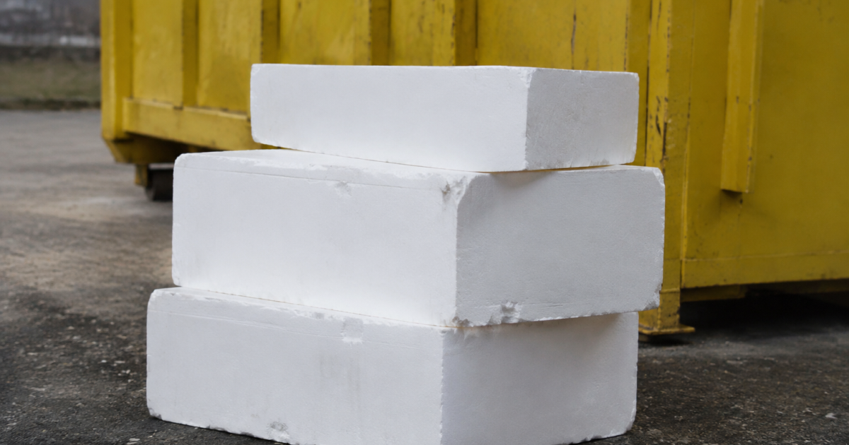 Blocs de mousse blanche poses devant un conteneur jaune