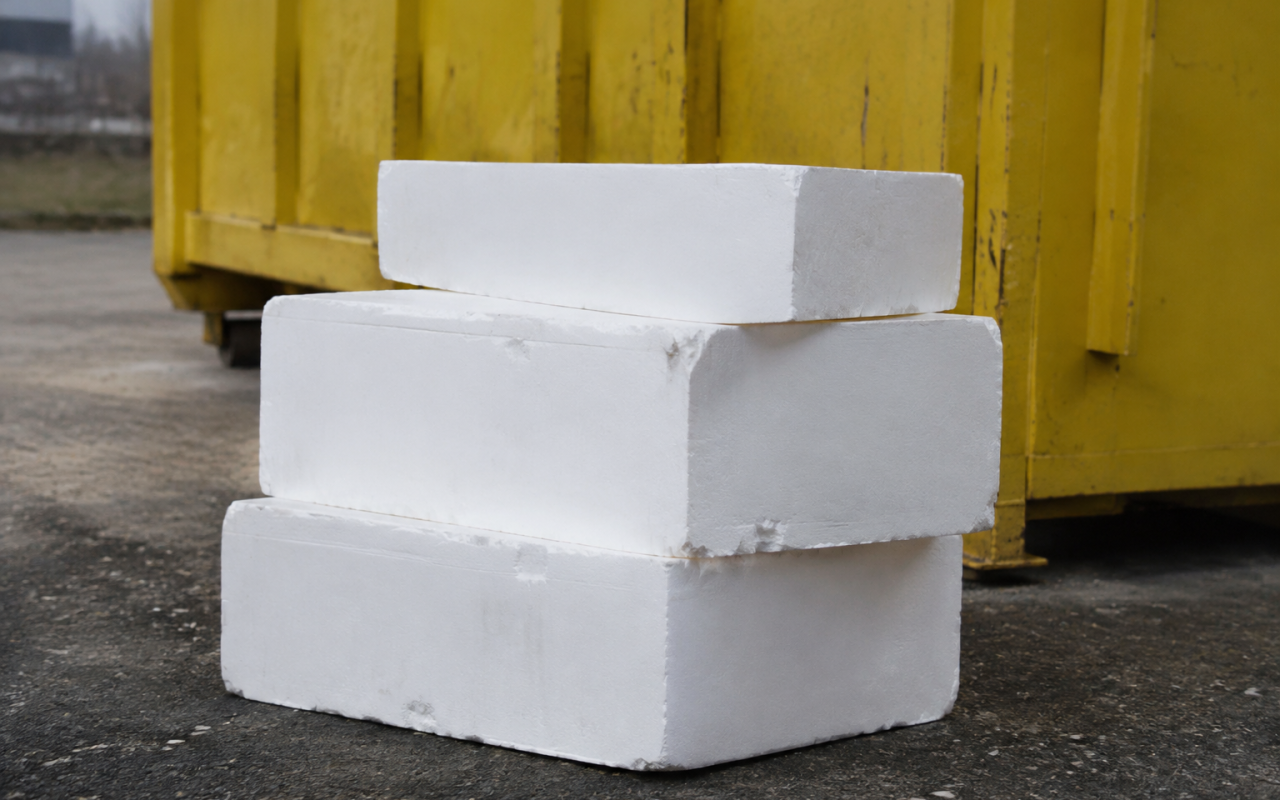 Blocs de mousse blanche poses devant un conteneur jaune