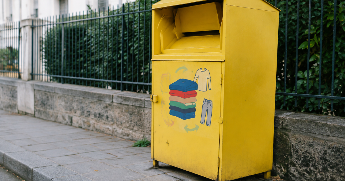 Conteneur jaune de collecte textile sur un trottoir