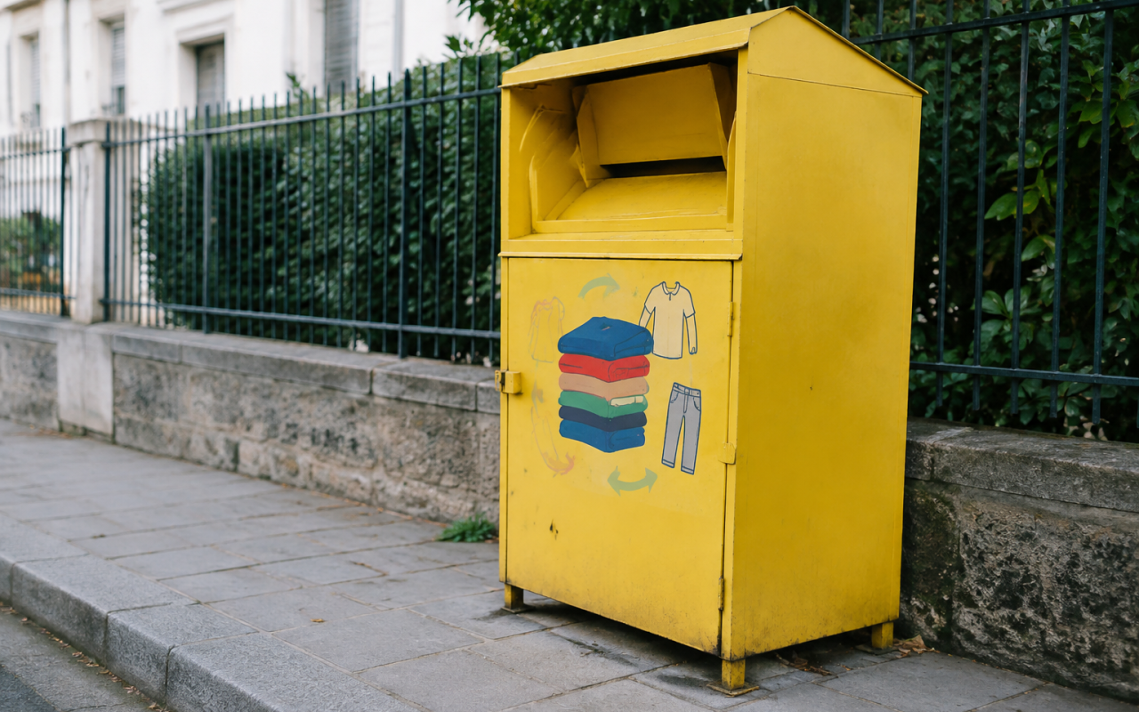 Conteneur jaune de collecte textile sur un trottoir