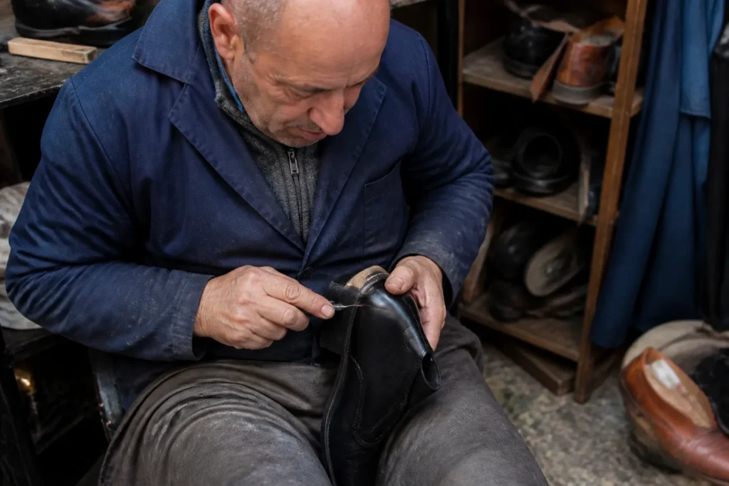 Cordonnier repare un talon sur une chaussure en cuir