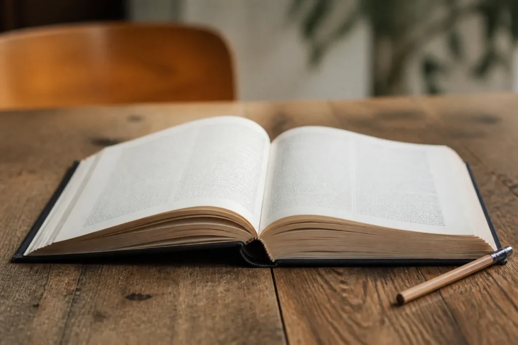 Dictionnaire ouvert sur table en bois et crayon