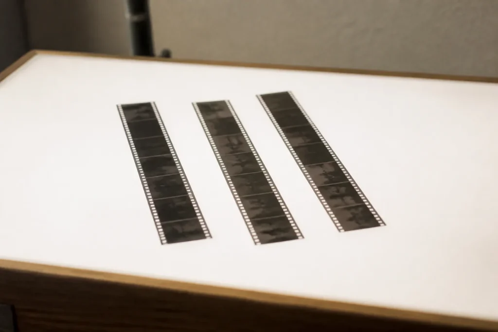 Trois films gris ranges sur une table lumineuse