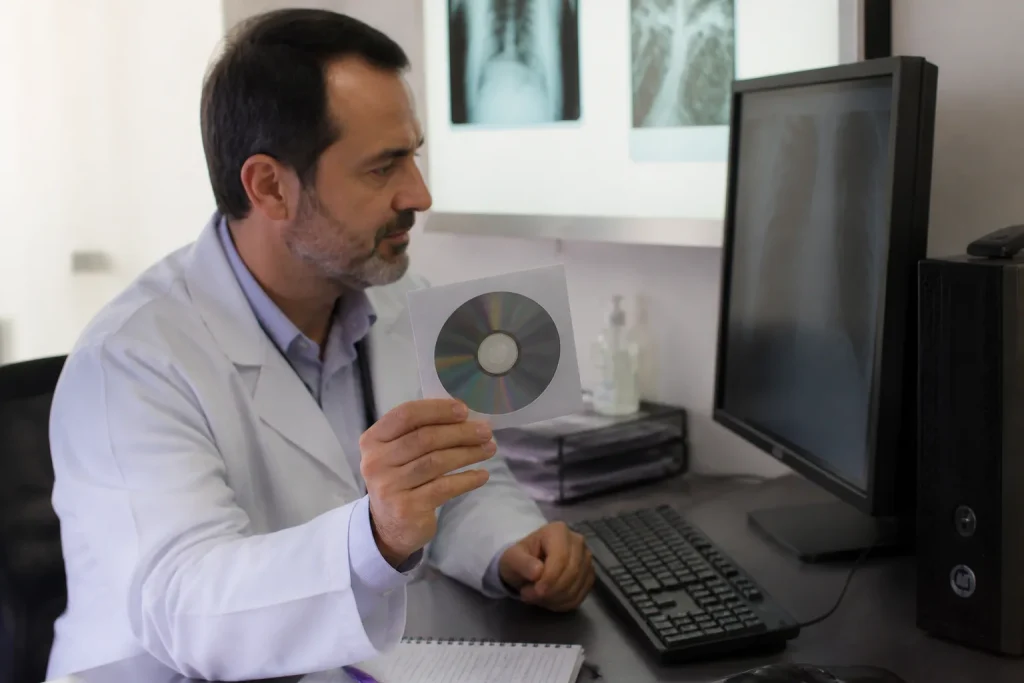 Radiologue tenant un DVD de radiographie devant un ordinateur