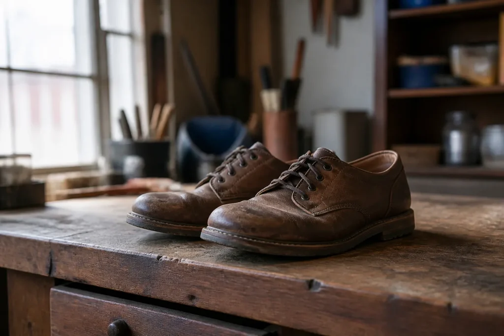 Souliers bruns usés posés sur un établi en bois