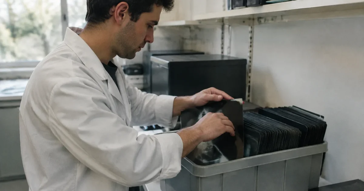 Un technicien range des films radio dans un bac