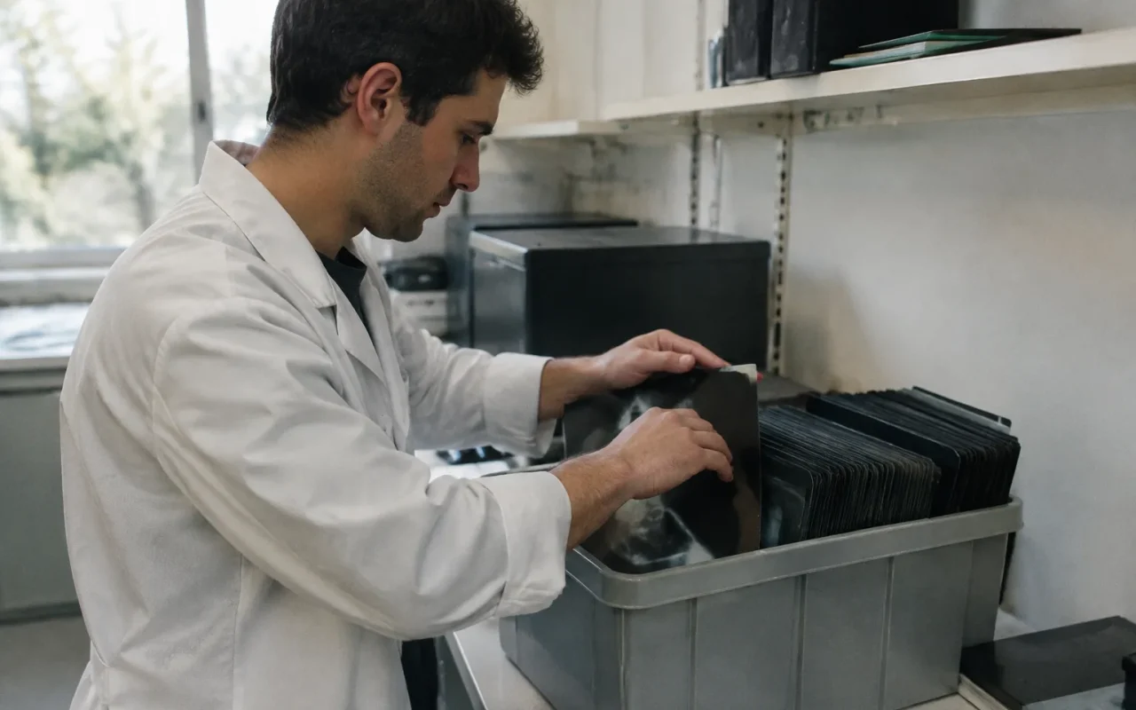 Un technicien range des films radio dans un bac