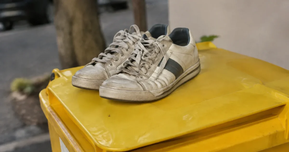 Vieilles baskets posees sur un conteneur de collecte jaune