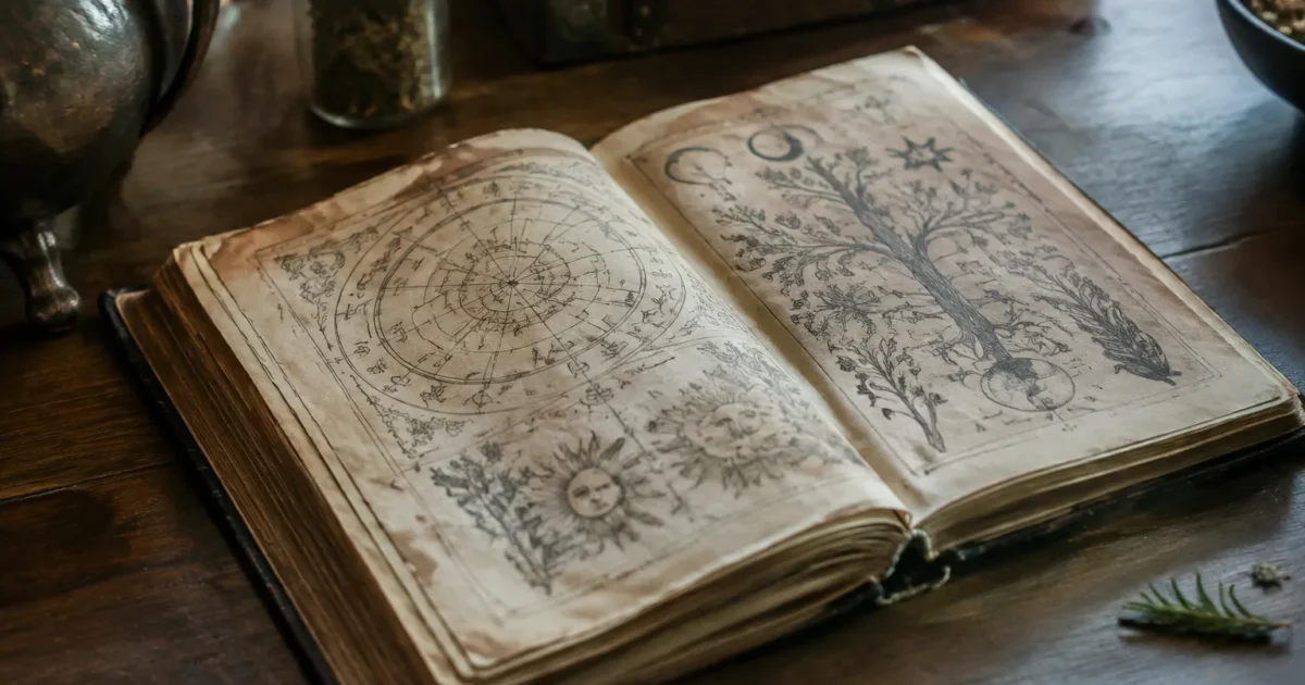 Vieux grimoire ouvert sur une table en bois