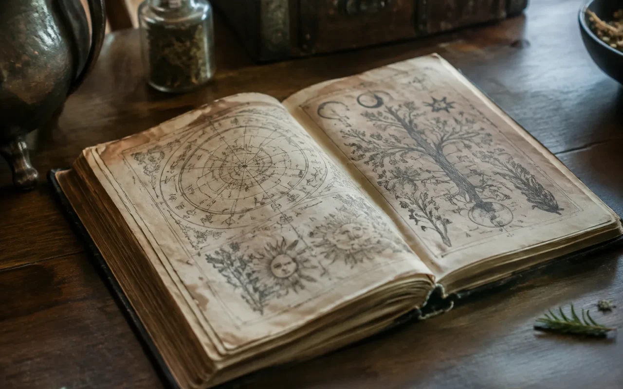 Vieux grimoire ouvert sur une table en bois